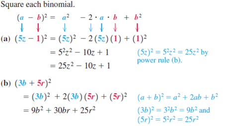 Solved: Square each binomial.EXAMPLESSquaring a BinomialSquarin ...