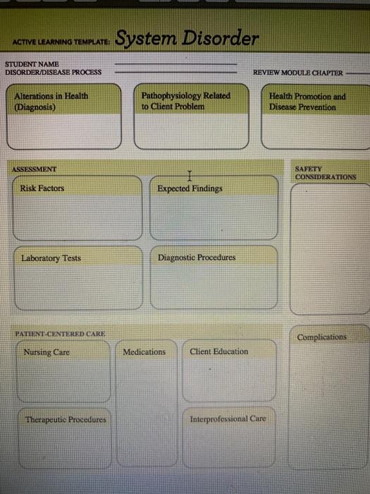 ACTIVE LEARNING TEMPLATE: System Disorder STUDENT NAME DISORDER/DISEASE PROCESS REVIEW MODULE CHAPTER Alterations in Health (