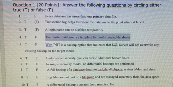 Solved Qusetion 1 [20 Points]: Answer the following | Chegg.com