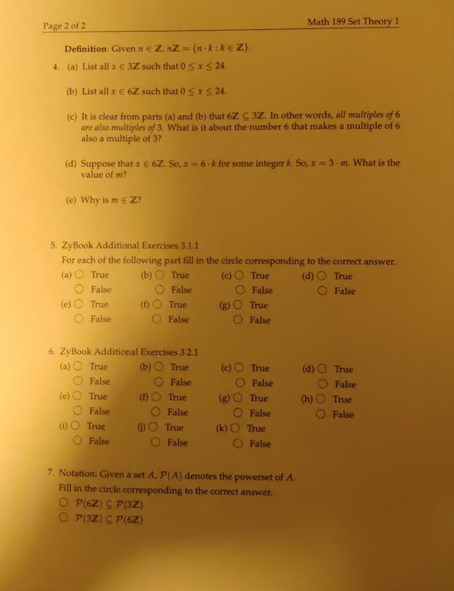Solved Page 2 Of 2 Math 1 Set Theory 1 Definition Give Chegg Com