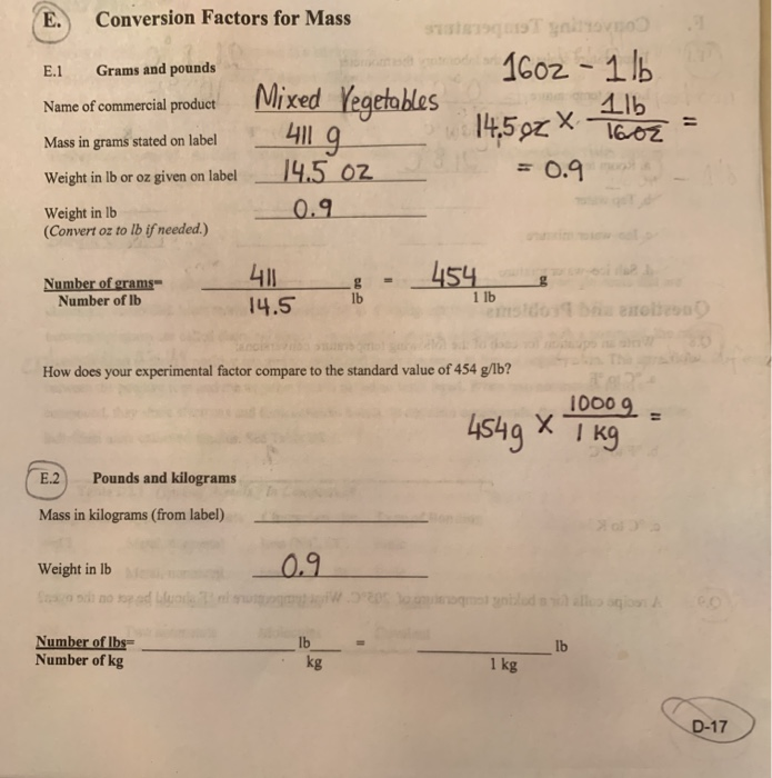 Solved E. Conversion Factors for Mass E.1 Grams and pounds Chegg