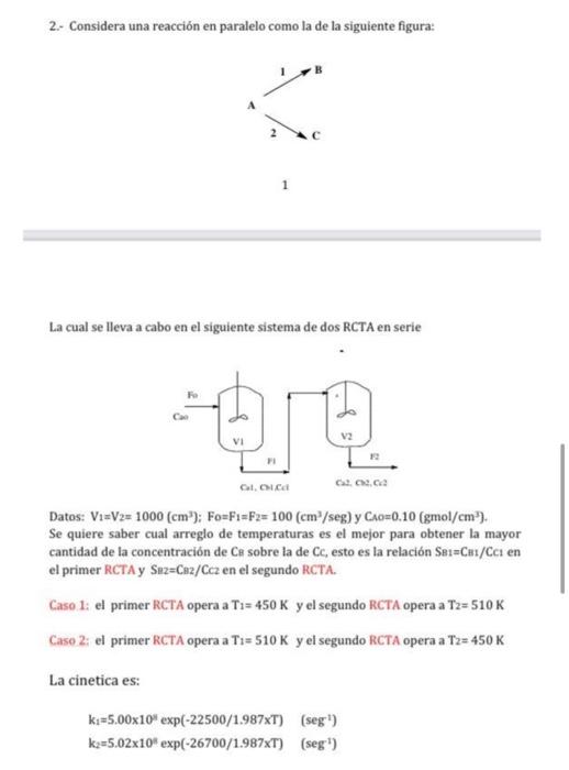 2. Considera una reacción en paralelo como la de la siguiente figura: La cual se lleva a cabo en el siguiente sistema de dos