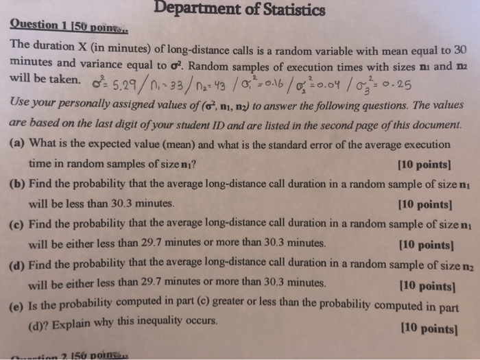 Long Statistics Problem Solved Department of Statistics Question 1 150 points The | Chegg.com