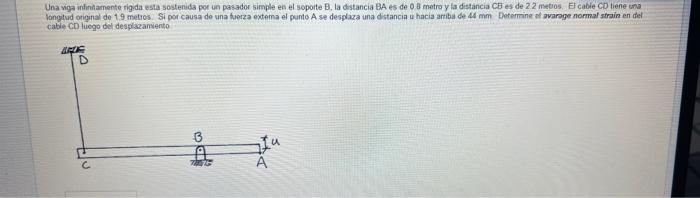 Una viga infinatamente rigda esta sostenida por un pasador simple en el sopoite B, la distancia BA es de o B metro y la dista