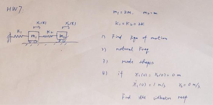 Solved HW7: m1=2m,m2=mk1=k2=2k 1) Find Eqa of motion 2) | Chegg.com