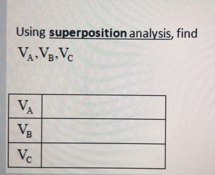 Solved Using superposition analysis, find VA. VB. Vc VA VB