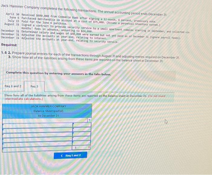 [Solved] Jack Hammer Company completed the following trans