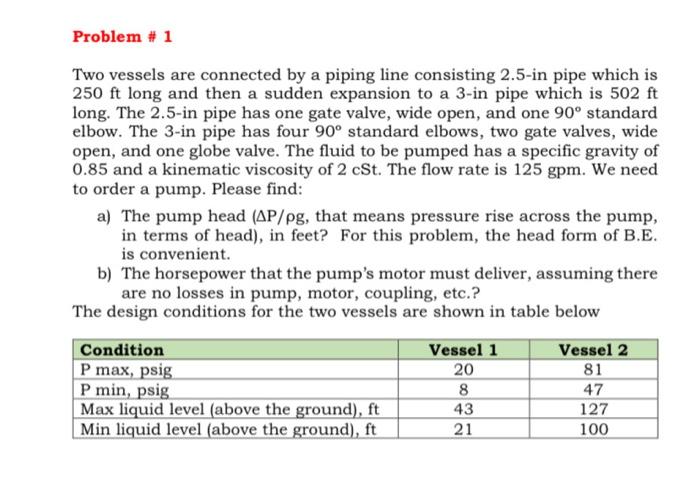 Problem # 1 Two vessels are connected by a piping | Chegg.com