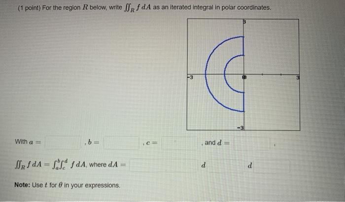Solved (1 point) For the region R below, write RfdA as an | Chegg.com