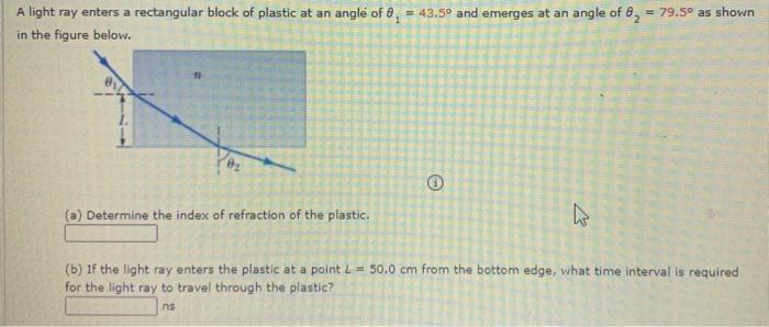 Solved A light ray enters a rectangular block of plastic at | Chegg.com