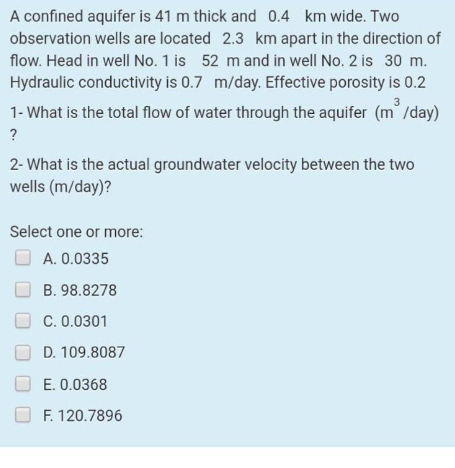 Solved A confined aquifer is 41 m thick and 0.4 km wide. Two | Chegg.com
