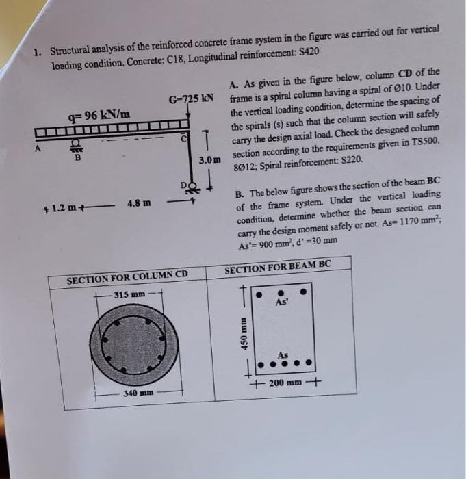 Solved 1. Structural Analysis Of The Reinforced Concrete | Chegg.com