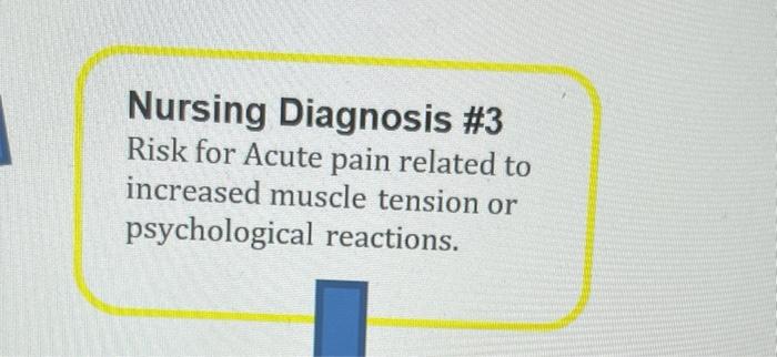 Nursing Diagnosis #3 Risk for Acute pain related to increased muscle tension or psychological reactions.