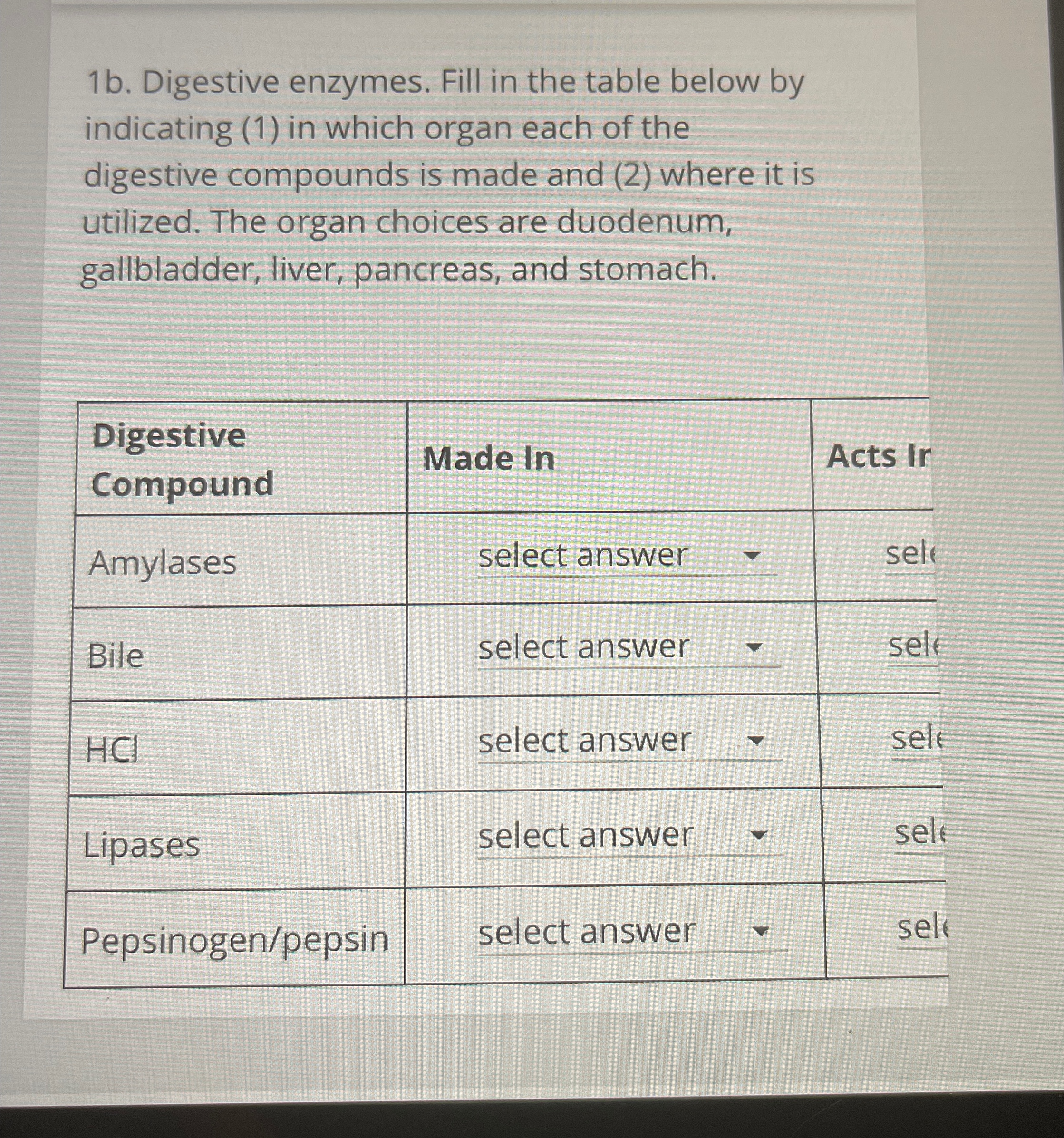 Solved 1b. ﻿Digestive enzymes. Fill in the table below by | Chegg.com