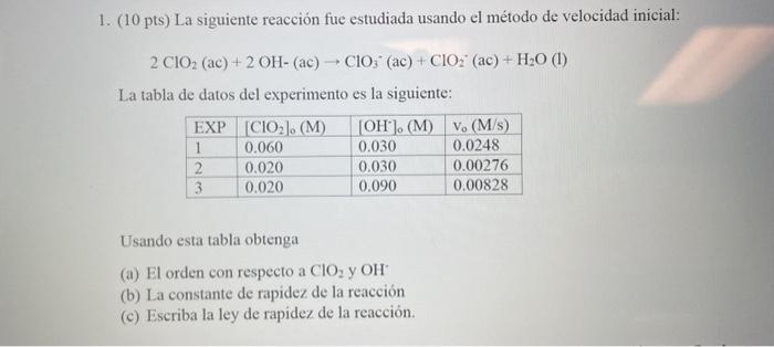 1. (10 pts) La siguiente reacción fue estudiada usando el método de velocidad inicial: \[ 2 \mathrm{ClO}_{2}(\mathrm{ac})+2 \