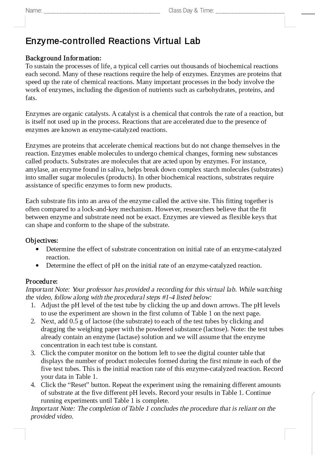 Solved Enzymecontrolled Reactions Virtual Lab Post Lab