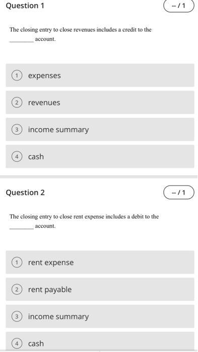 Solved The closing entry to close revenues includes a credit | Chegg.com