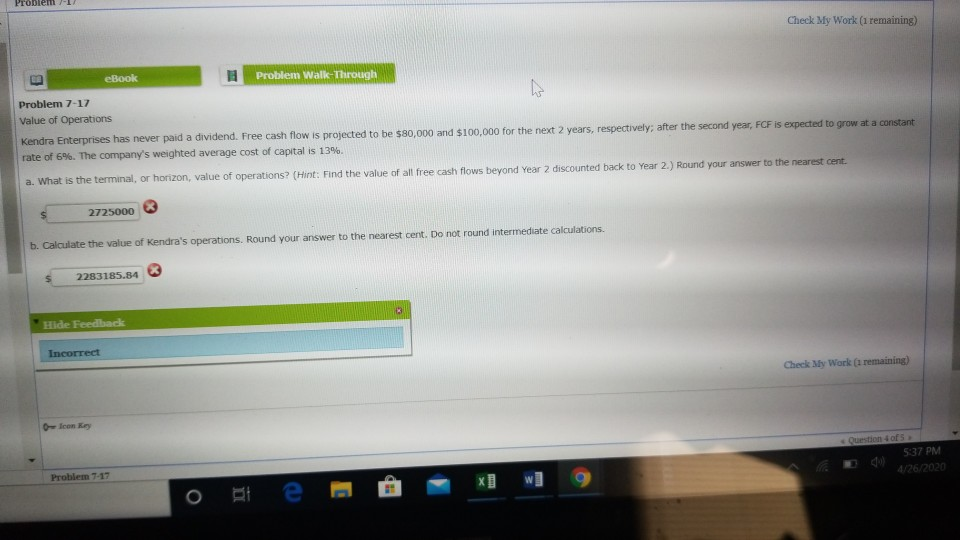 Solved Check My Work (1 remaining) eBook Problem Walk | Chegg.com