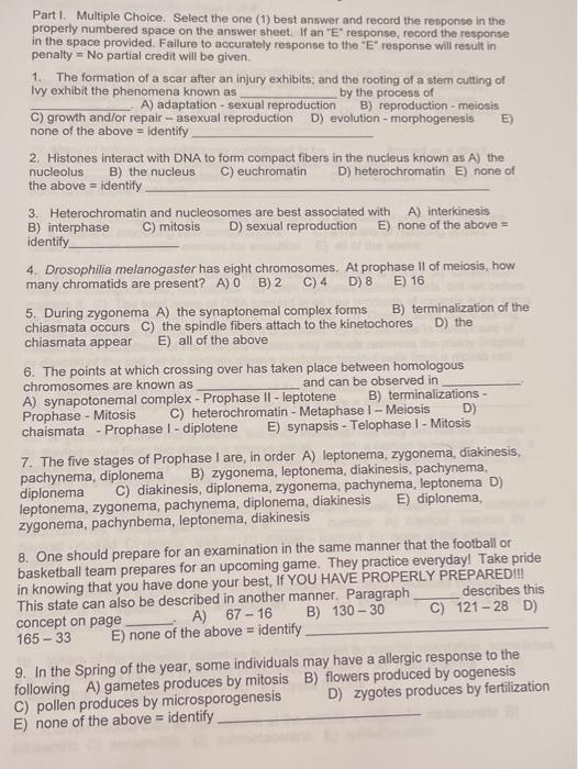 Solved Part I. Multiple Choice. Select the one (1) best | Chegg.com