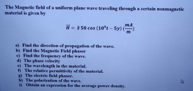 Solved The Magnetic field of a uniform plane wave traveling | Chegg.com