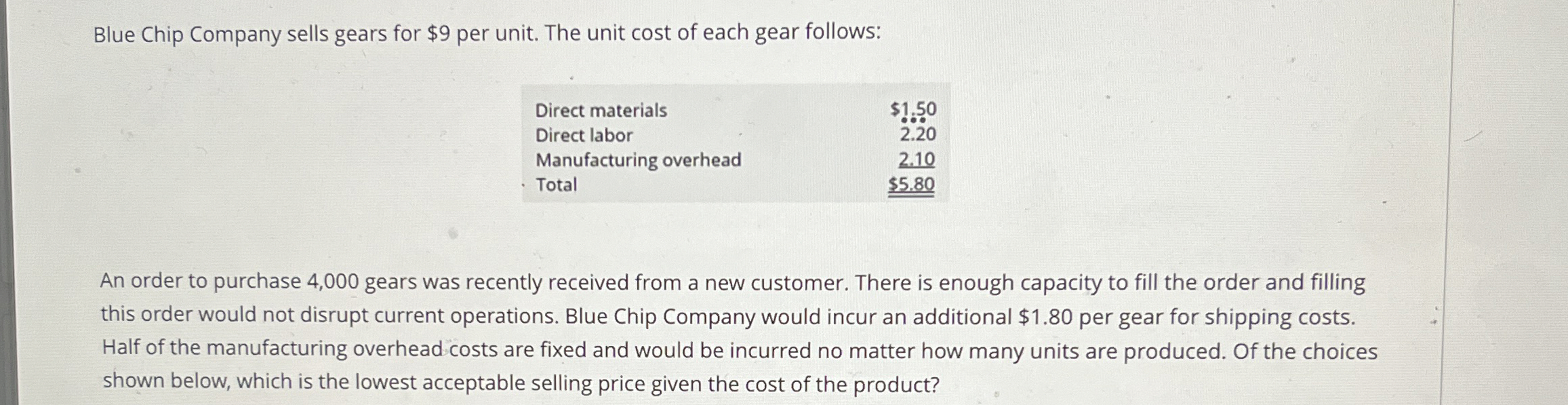 Solved Blue Chip Company sells gears for 9 ﻿per unit. The