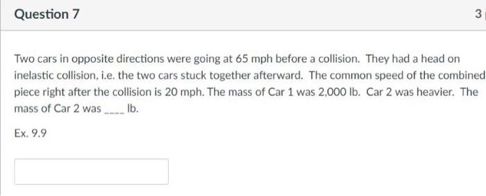 Two cars in opposite directions were going at \( 65 \mathrm{mph} \) before a collision. They had a head on inelastic collisio