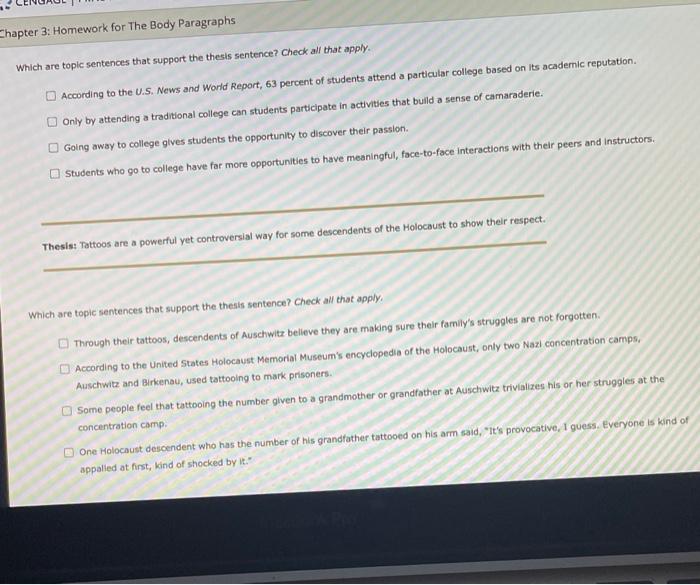 Chapter 3: Homework for The Body Paragraphs Which are | Chegg.com