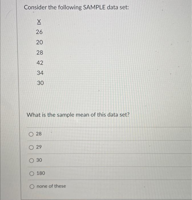 Solved Consider the following SAMPLE data set: x 26 20 28 42 | Chegg.com