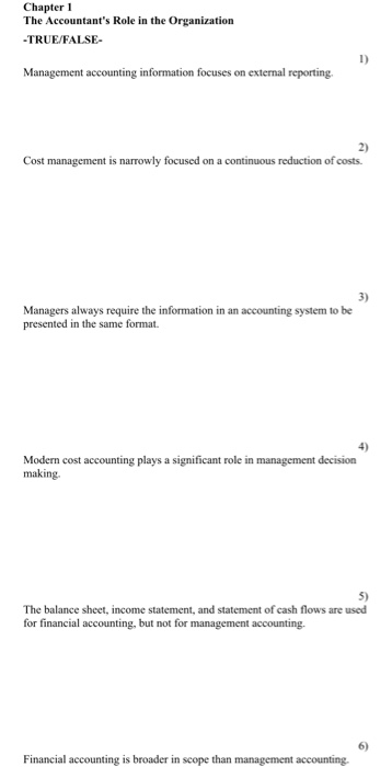 Solved Chapter 1 The Accountant's Role in the Organization | Chegg.com