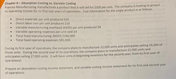 Solved Chapter 6 - Absorption Costing vs. Variable Costing | Chegg.com
