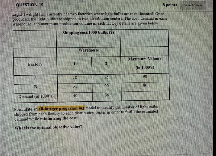 Solved Save Answer QUESTION 19 5 points Light-Twilight Inc, | Chegg.com