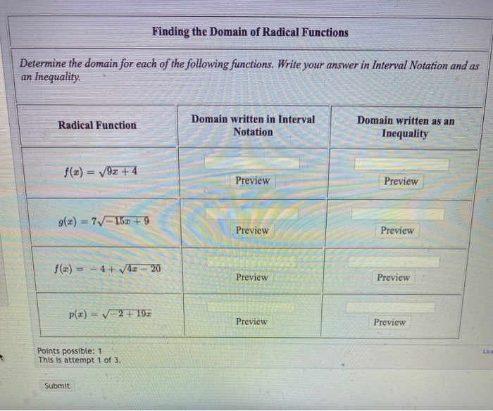 Solved Finding the Domain of Radical Functions Determine the | Chegg.com