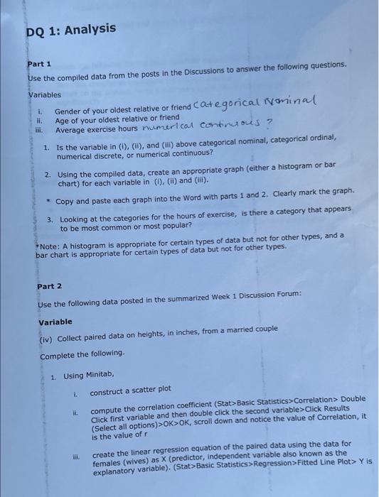 DQ 1: Analysis
Part 1
Use the compiled data from the posts in the Discussions to answer the following questions.
Variables
i.