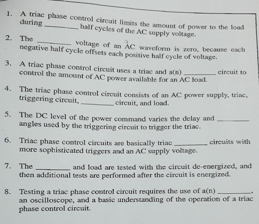 Solved 1. A triac phase control circuit limits the amount of