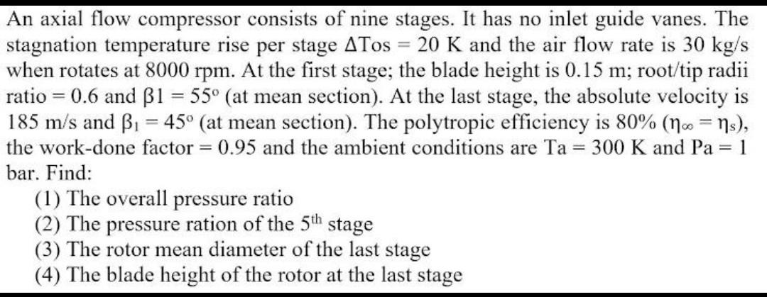 Solved An axial flow compressor consists of nine stages. It | Chegg.com