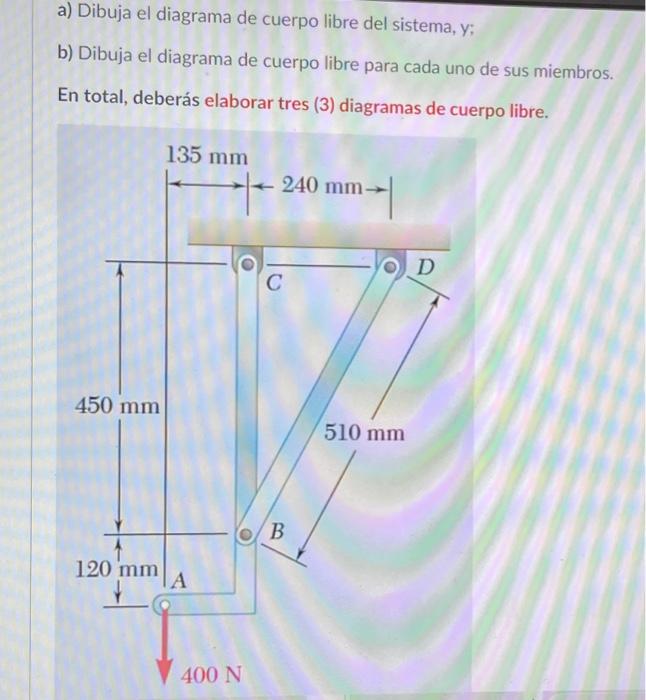 a) Dibuja el diagrama de cuerpo libre del sistema, y; b) Dibuja el diagrama de cuerpo libre para cada uno de sus miembros. En