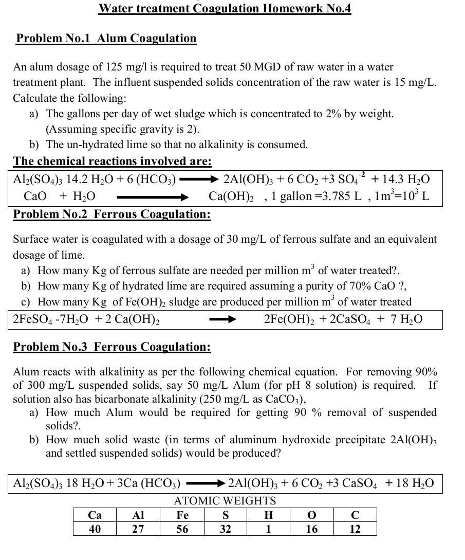 Solved Problem No.1 Alum Coagulation An alum dosage of