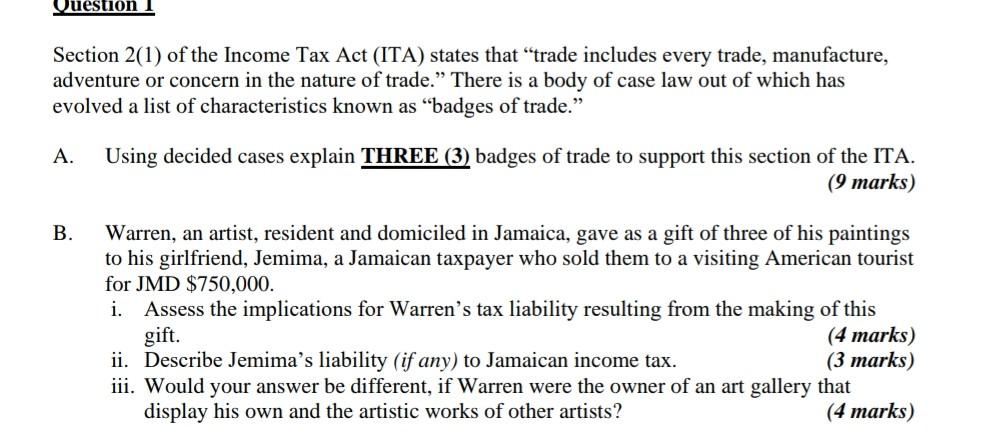 Solved Question Section 2(1) of the Income Tax Act (ITA) | Chegg.com