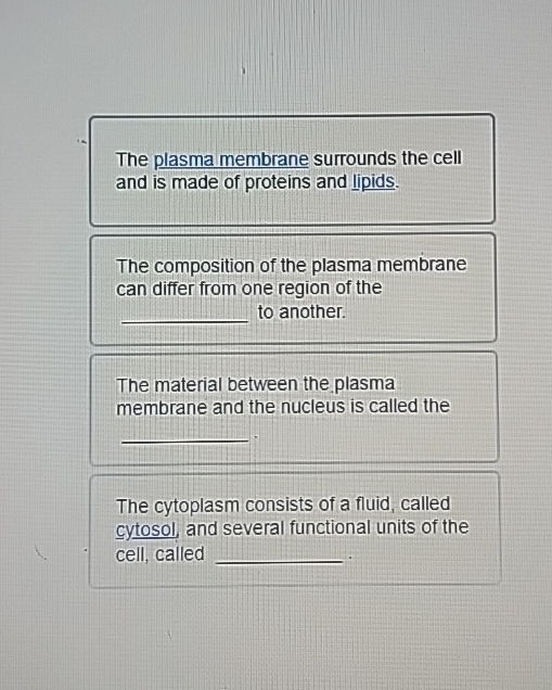 Solved The plasma membrane surrounds the cell and is made of | Chegg.com