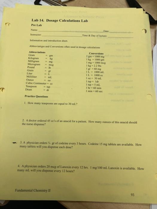 Solved Lab 14. Dosage Calculations Lab Pre Lab Name: Date | Chegg.com