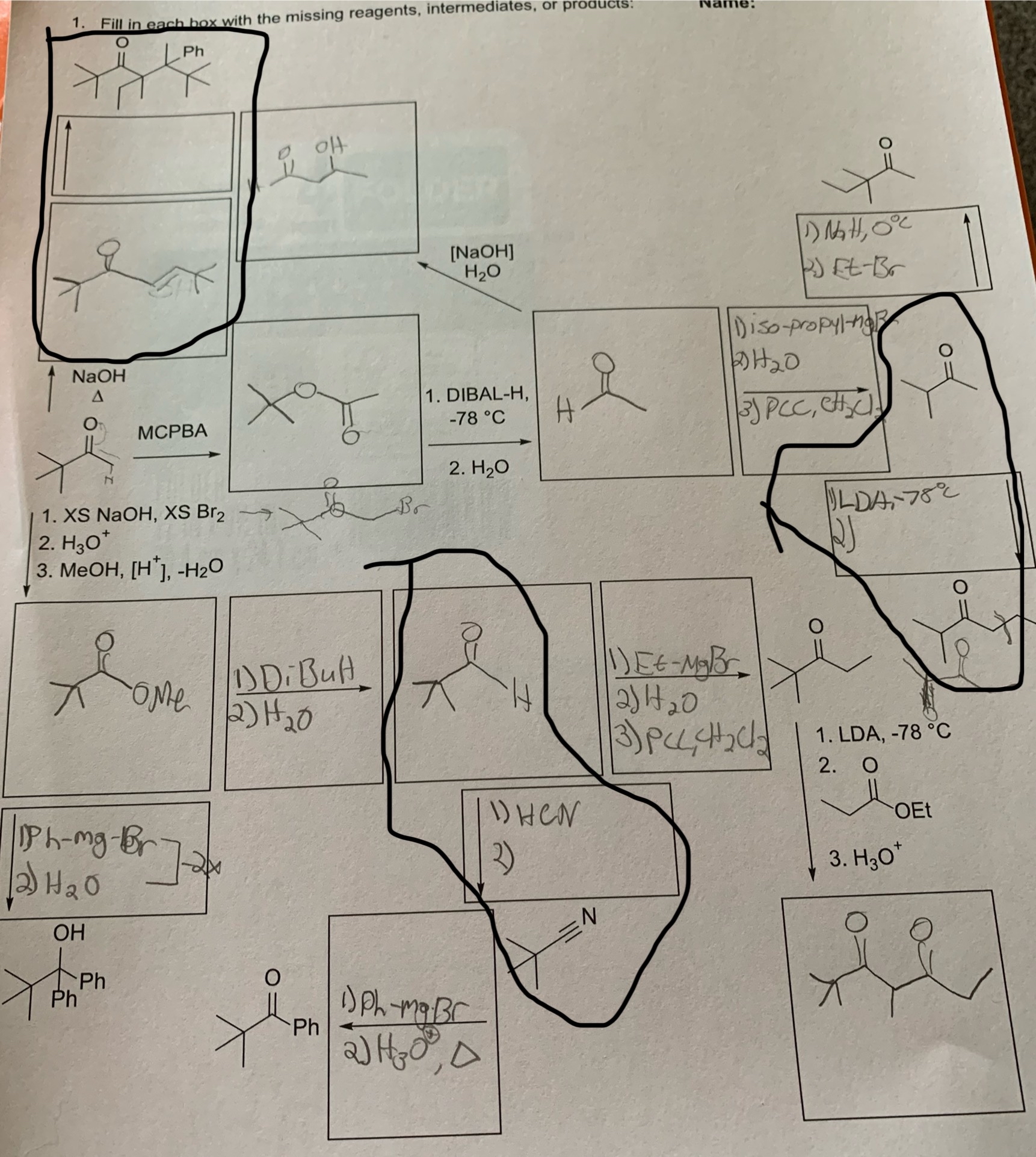 [Solved]: Fill in each box with the missing reagents, interm