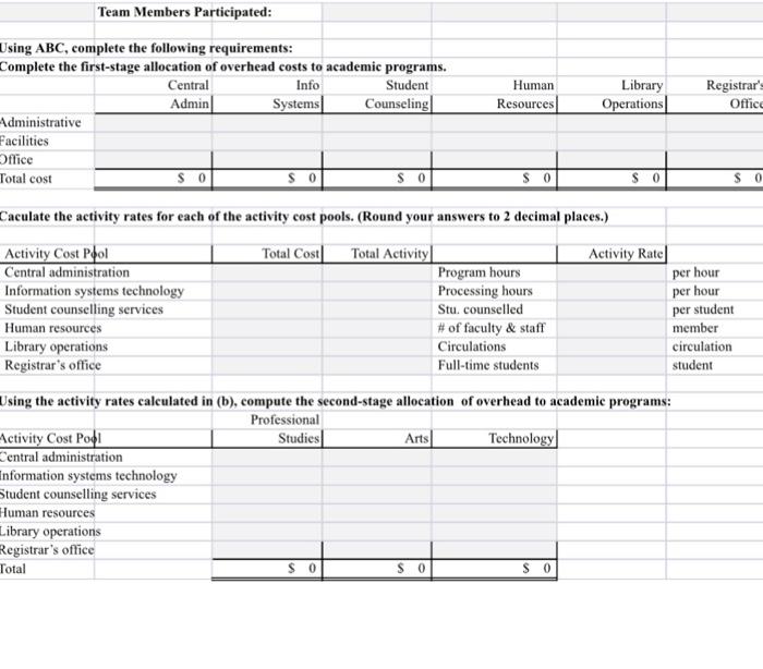 Team Members Participated:
Using \( \mathbf{A B C} \), complete the following requirements:
Complete the first-stage allocati