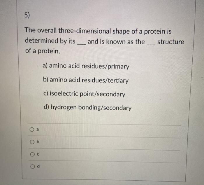 Solved 5) The overall threedimensional shape of a protein