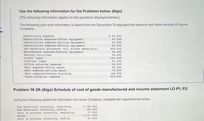 Solved Use the following information for the Problems below. | Chegg.com