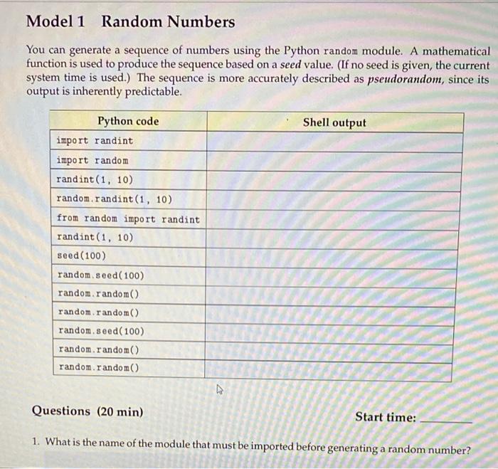 Solved Model 1 Random Numbers You can generate a sequence of | Chegg.com