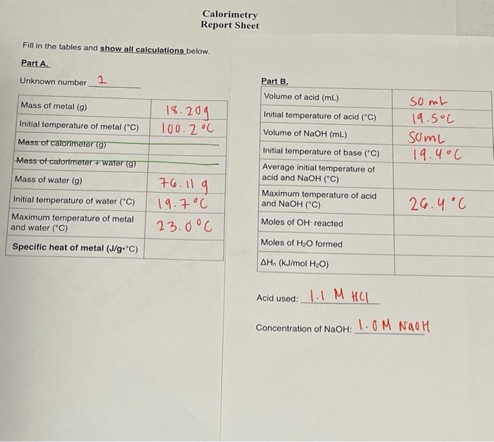 Solved Calorimetry Report Sheet Fill in the tables and show
