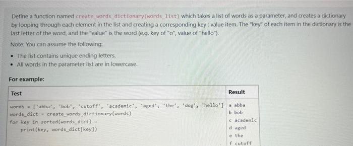 Solved Define a function named create_words_dictionary | Chegg.com