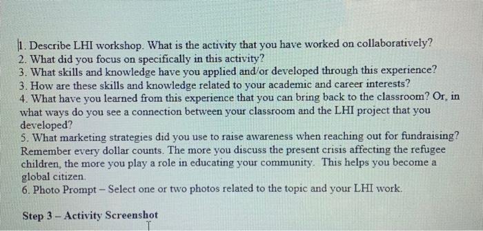 Solved 1. Describe LHI workshop. What is the activity that | Chegg.com