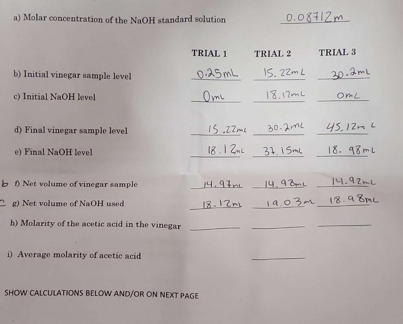 Solved a) Molar concentration of the NaOH standard solution | Chegg.com