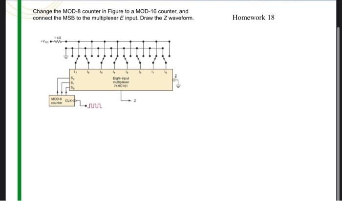 Change the MOD-8 counter in Figure to a MOD-16 counter, and connect the MSB to the multiplexer \( E \) input. Draw the \( Z \